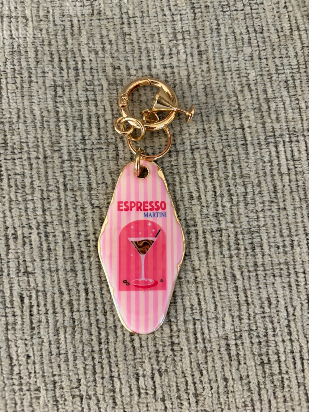 Espresso Martini Pink Stripe Keychain Bag Charm - Gold Hardware